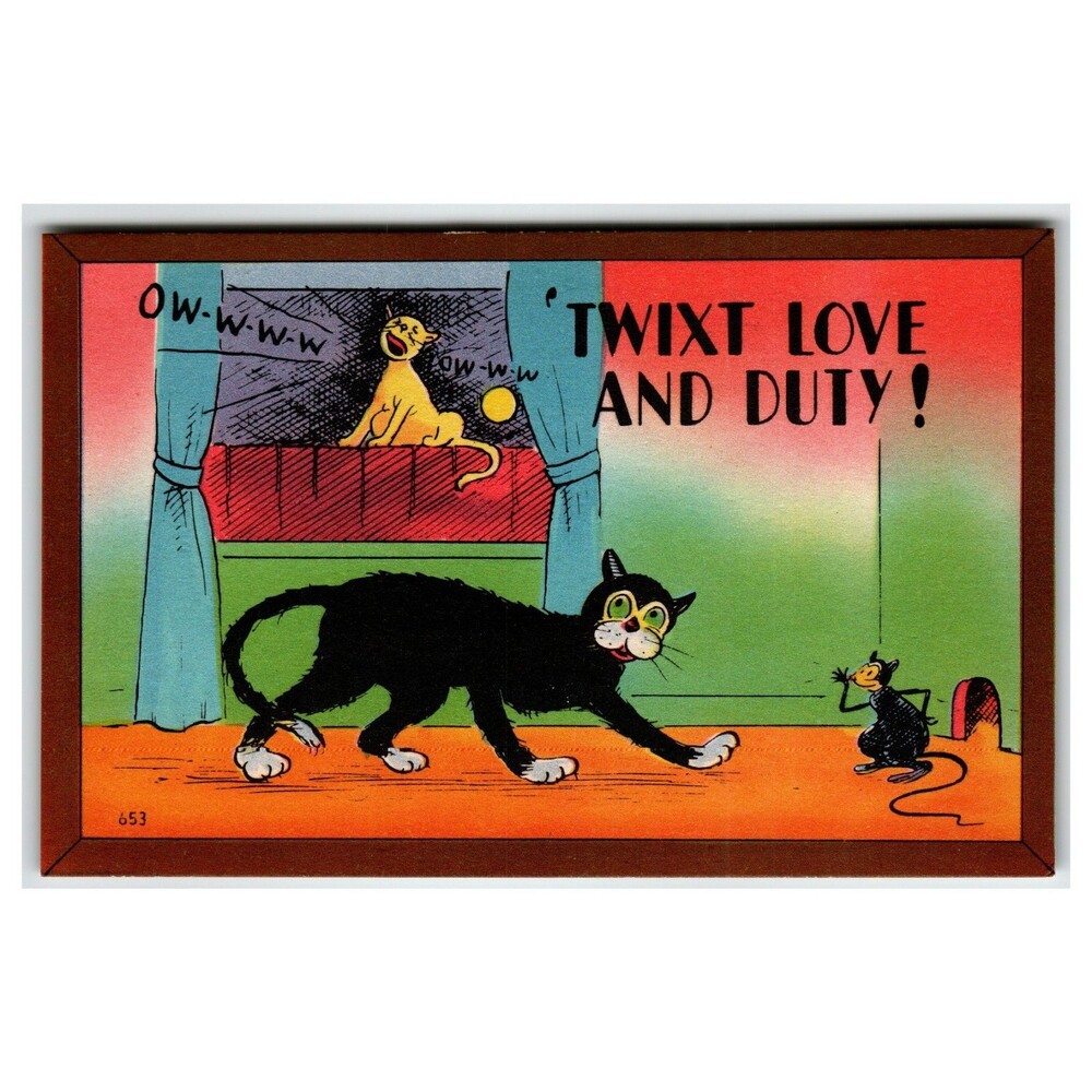 Vintage Linen Comic Postcard 'Twixt Love and Duty' Black Cat & Mouse